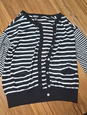 DKNY Black & White Striped Button‑Front Cardigan